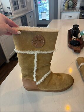 Tory Burch Chestnut Suede Shearling-Trim Mid-Calf Boot size 8